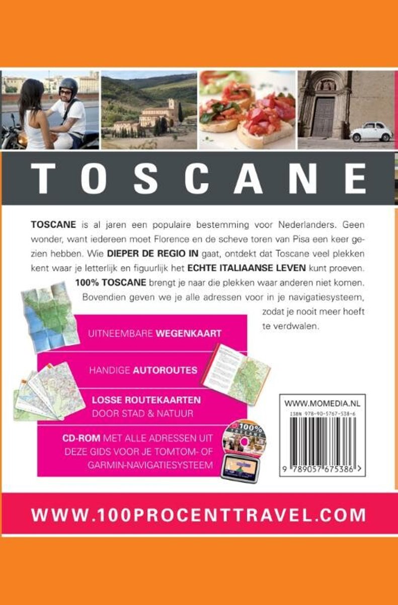 Achterkant van de '100% Toscane' gids met een compilatie van toeristische beelden.
