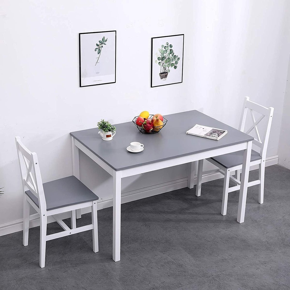 Eettafel set 4 personen 108x65x73 cm – compacte houten eethoek met 4 stoelen, ruimtebesparende keukentafel set modern grijs/wit – kleine eetkamer & keuken meubelset – Laura
