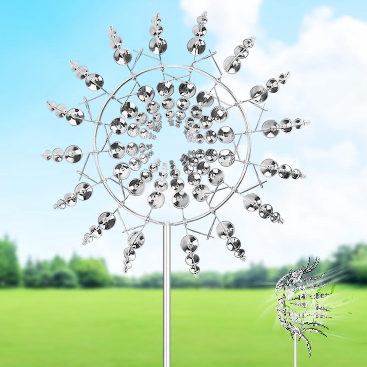 Dailygoods- Windmolen 3D - Kinetische Windspinner - Roestvrij Staal - Tuin Decoratie - Weerbestendig - Dubbele Rotatie - 32B x 65H cm - Tuindecoratie