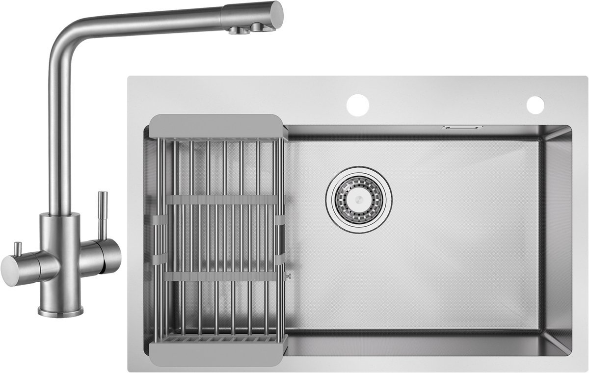 CECIPA max Spoelbak XL 70x45cm - Spoelbak Keuken Met 3 Wege Keukenkraan - Enkele spoelbak
