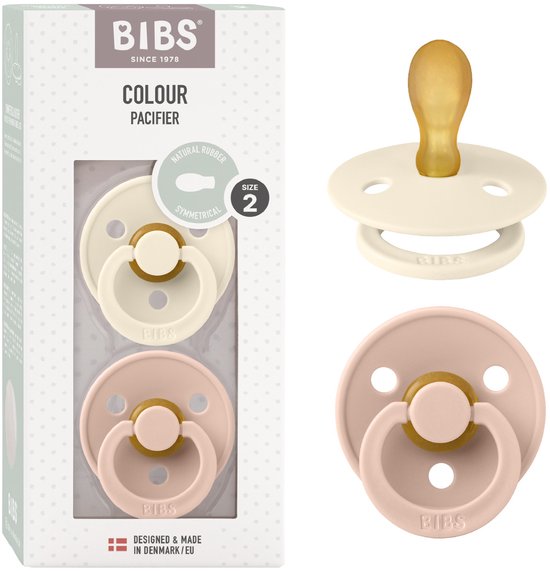 Emballage contenant deux tutettes BIBS : crème et rose poudré. À côté de l'emballage, deux tutettes séparées, taille 2.