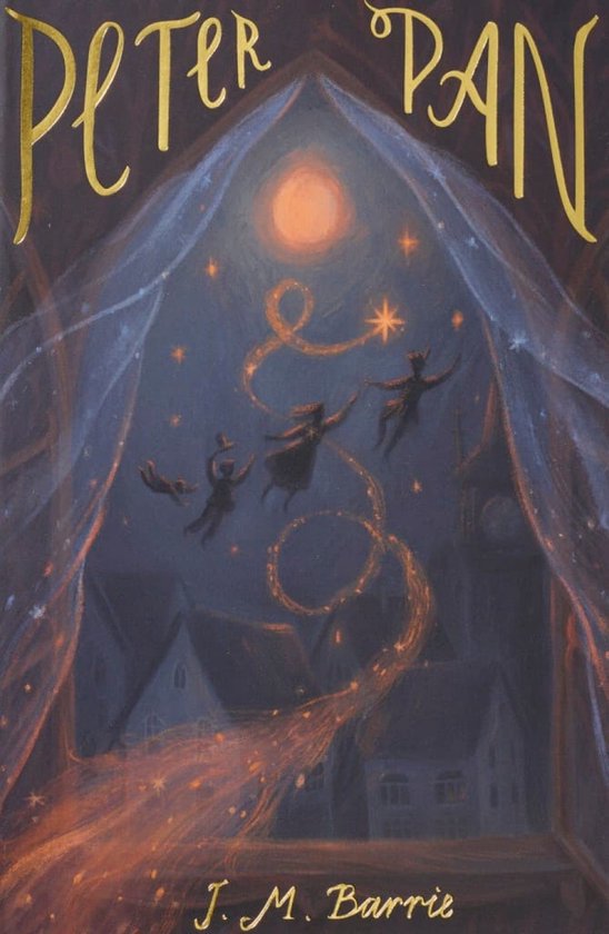 Boekomslag van Peter Pan met gouden letters. Silhouetten van kinderen vliegen door de lucht met sterrenstof.