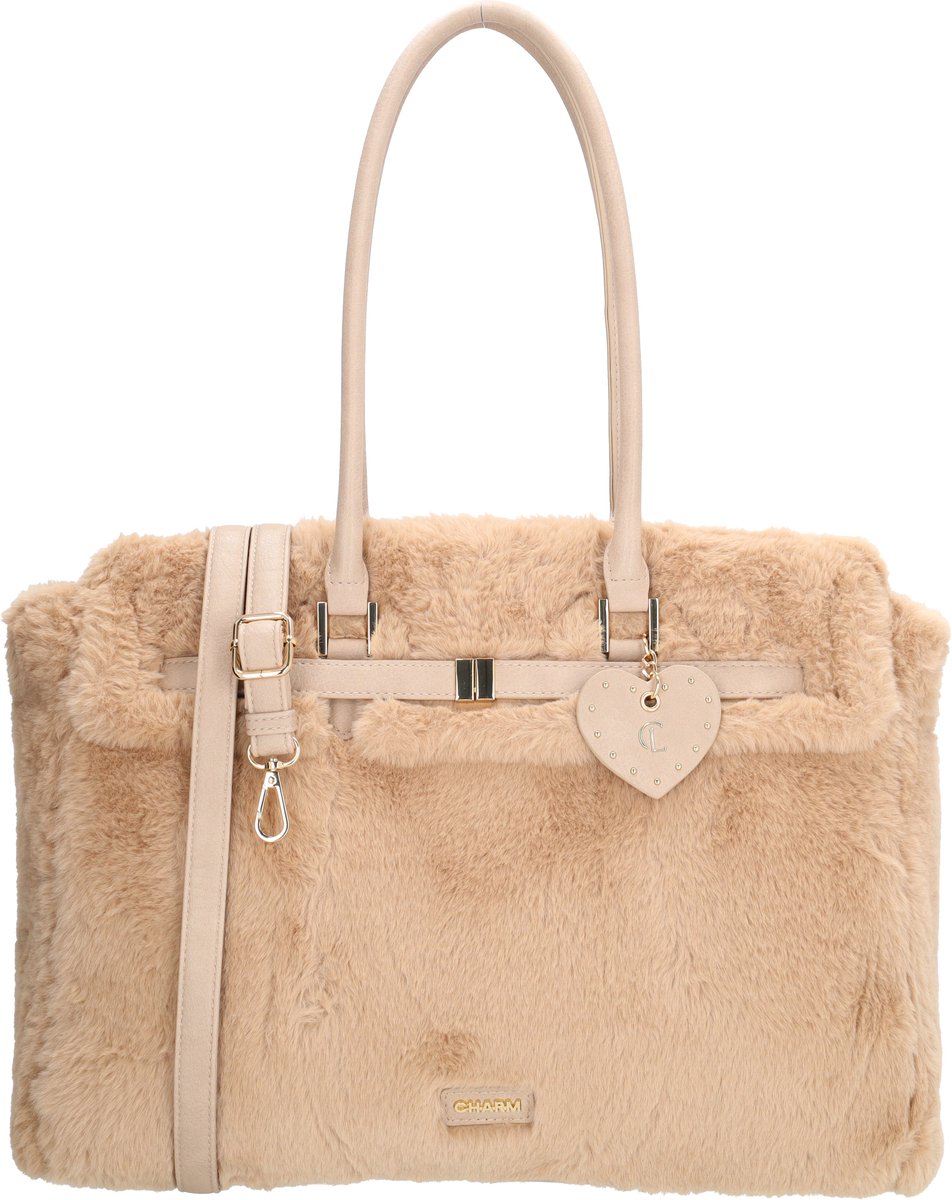 Charm London Stockholm Laptoptas - Faux Bont - 15.6 Inch Laptopvak - Werktas - Schoudertas - Bag Charm - Dames - Schooltas - A4 - Lichttaupe