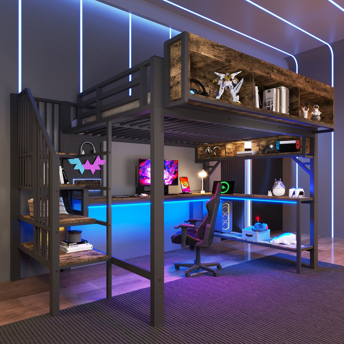 Merax Hoogslaper 140x200 cm - met hoekbureau - opbergruimte - USB-C-aansluiting en LED-verlichting - bruin en zwart - zonder matras