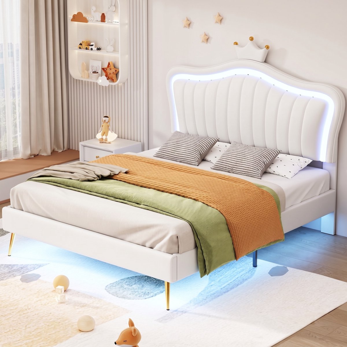 VVBV Kinderbed 140x200 – met LED – PU-Leer – Zonder Matras – Wit – Lattenbodem – Kroonvormig Hoofdbord – Voor Jongens en Meisjes – Bed met Led White