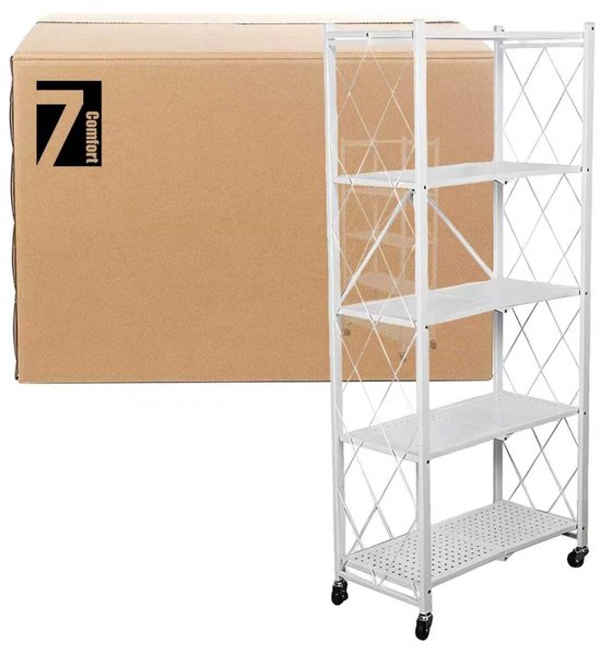 Wit opvouwbaar rek met 5 etages op wieltjes, naast een grote kartonnen doos met het '7 Comfort' logo.