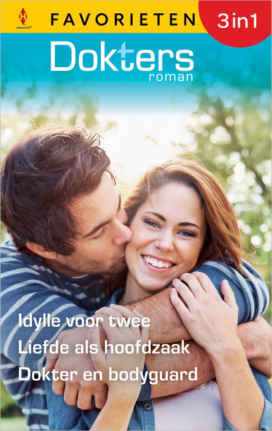 Een man kust een lachende vrouw op de wang. Favorieten 3in1, Dokters roman. Idylle voor twee, Liefde als hoofdzaak, Dokter en bodyguard.