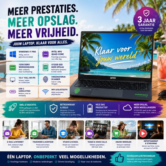 GMR laptop met 15.6" Full HD IPS scherm, Intel N95, 12GB DDR5 RAM, 512GB SSD, Windows 11 Pro. Vingerafdrukscanner.