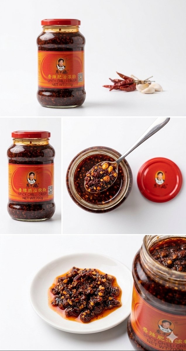 Lao Gan Ma Geroosterde chilipasta, krokante chilipepers in olie (700 g), geroosterde chilivlokken met Tsechuanpeper Met Kajal Sticker