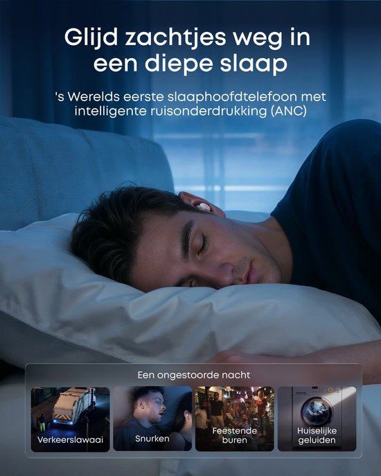 Man slaapt met witte oordopjes, omringd door geluiden die worden gemaskeerd, zoals verkeerslawaai en feestende buren.