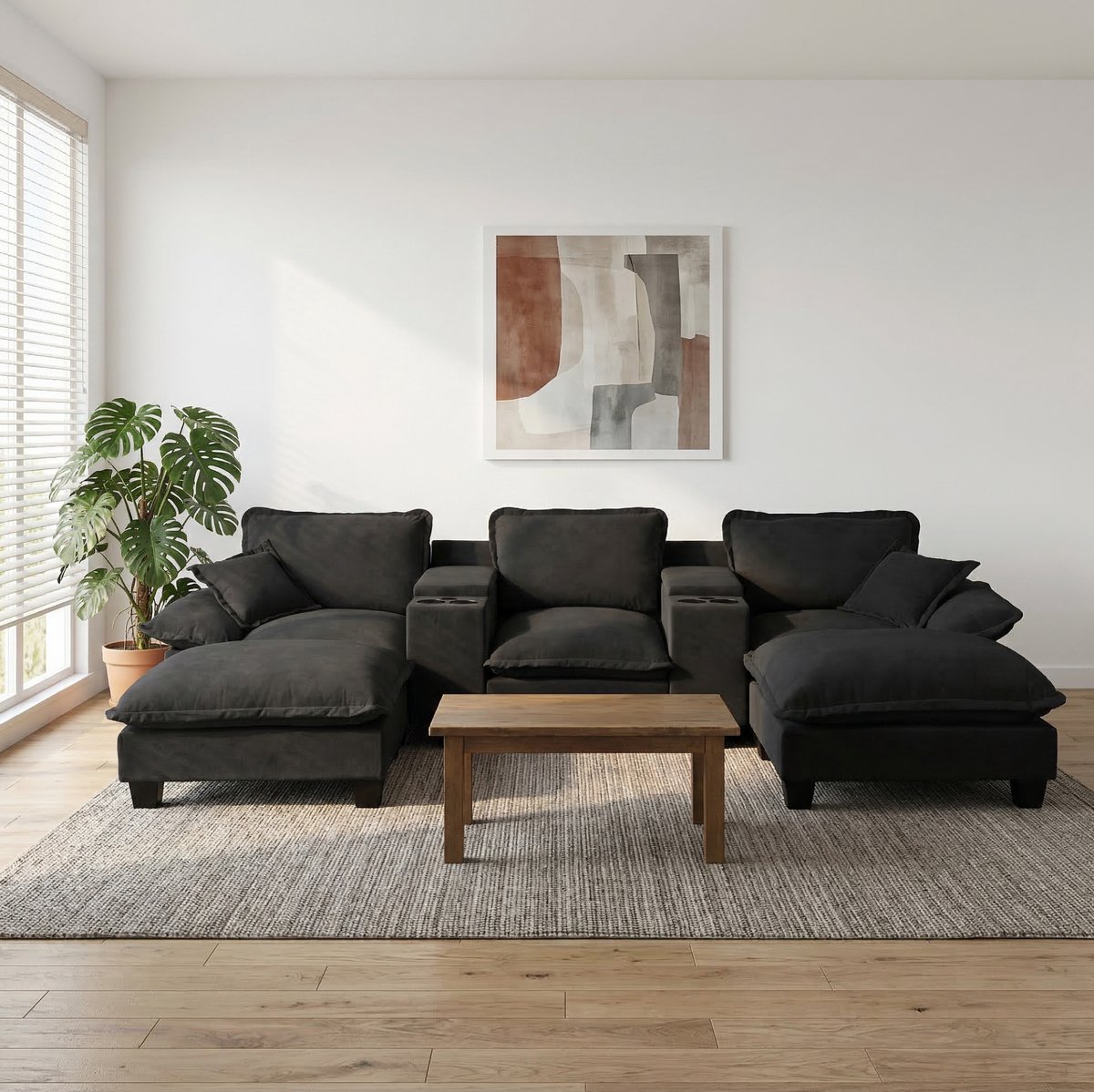OKWISH U-Bank 323 x 151 cm - Met Usb, Opbergruimte En Bekerhouders - Voor Woonkamer Of Appartement - Chenille - Zwart