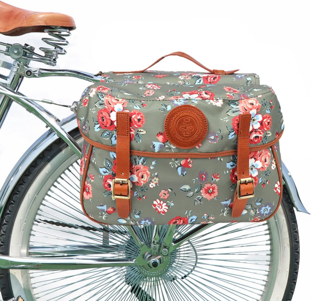 Dubbele Fietstas - Bagagedrager Tassen - Boodschappen Vervoeren - Waterdicht Canvas - 44x35x25cm - Groen Bloemen