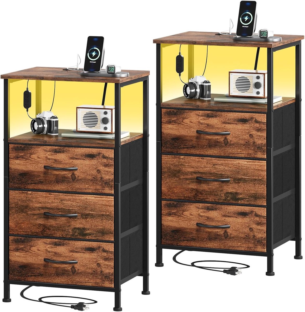 Nachtkastje met laden - Bijzettafel opbergkast - Slaapkamer organiseren - Geïntegreerd oplaadstation - 30x40x72 cm - Houtnervoorstelling