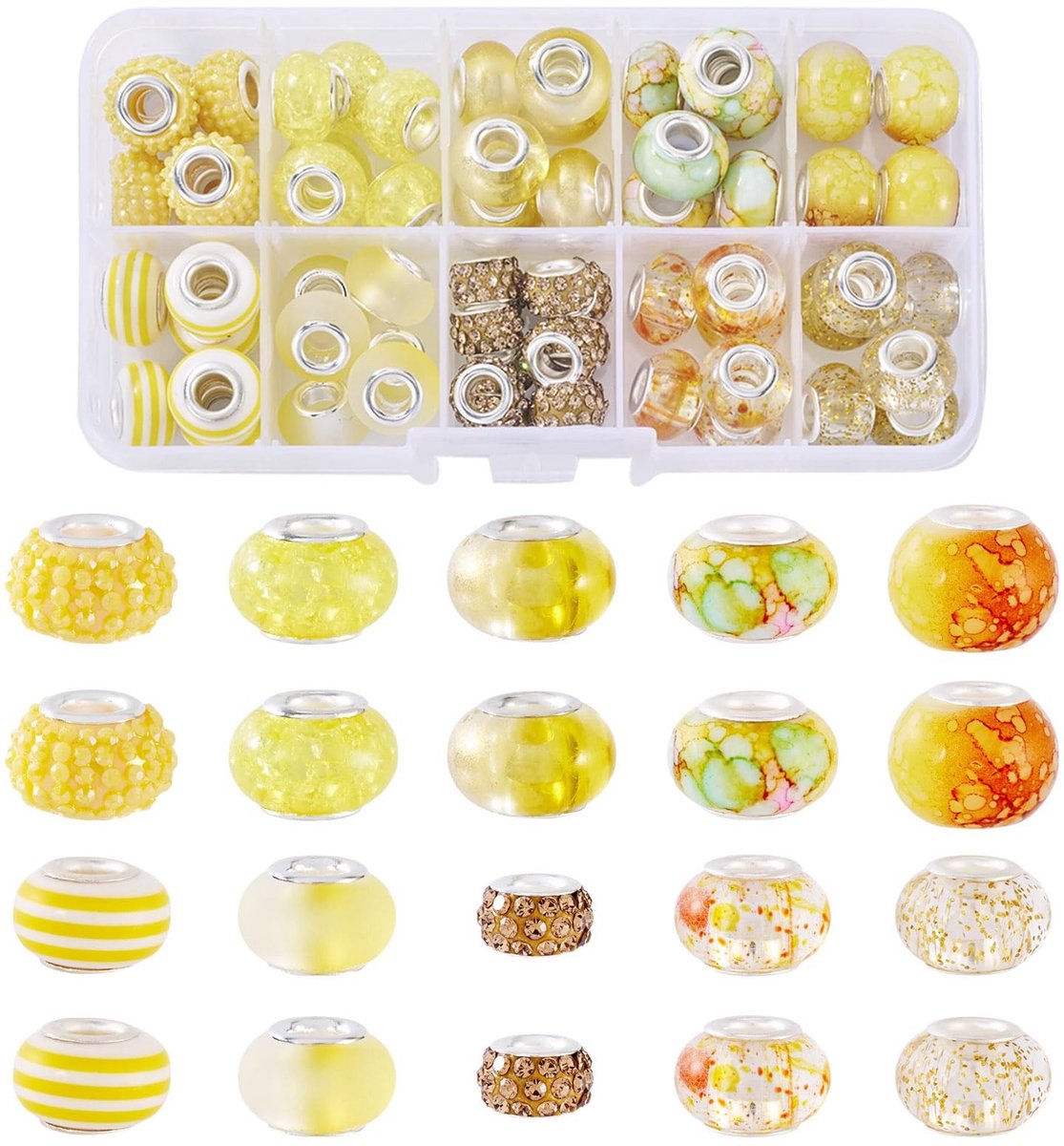 Dailygoods- Kralen Set 64 Stuks - Hars Europese Kralen - Groot Gat Kralen - Gele Rondelle - DIY Sieraden Maken - Hoogwaardig Materiaal