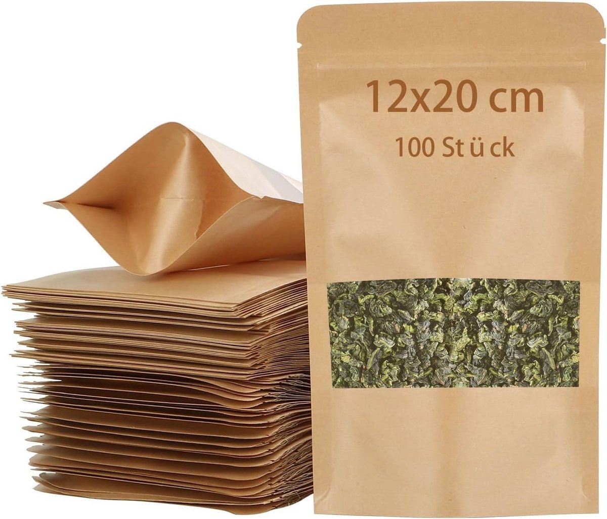 Dailygoods- Papieren Zakken 100 Stuks - Bruin - 12 x 20 cm - Papieren Zakken met Kijkvenster - Voedselveilig - Waterdicht - Herbruikbaar - Verpakkingszakken