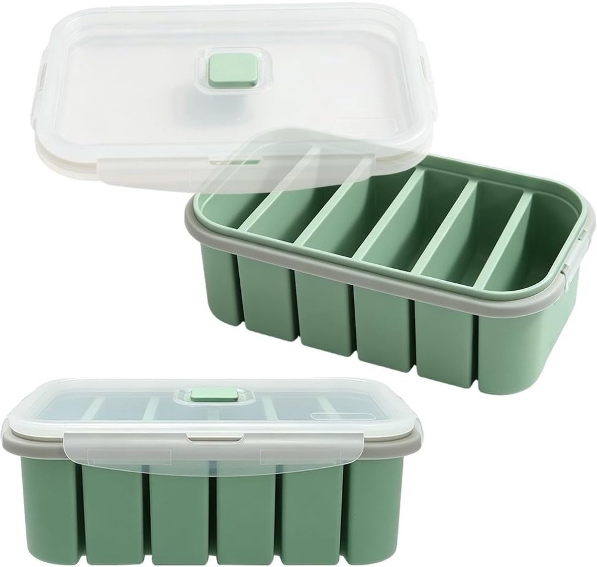 Set van 2 Siliconen Vriesvormen voor Soep, Pap, Bouillon en Saus met Deksel, 6 Compartimenten en Vullijnen, Vaatwasmachinebestendig