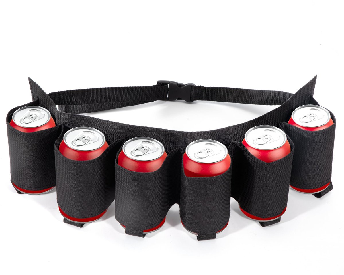 Dailygoods- Bierriem verstelbaar voor 6 blikjes - Draagbare Drinker - Camping/Feesten - Zwart - Lengte 75-115 cm - Antislip Beugel - Drankriem
