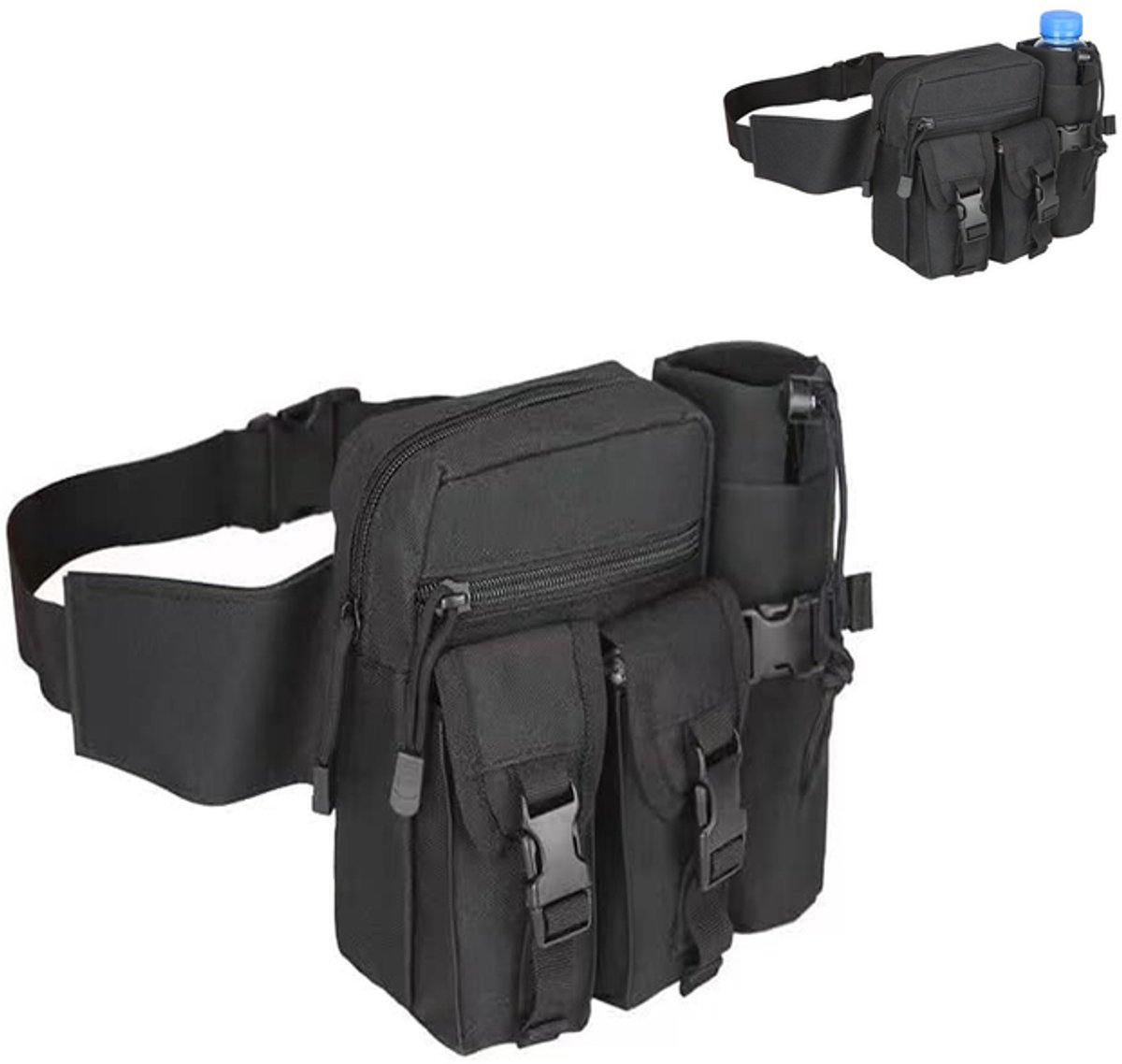 KZQ Heuptas zwart polyester multifunctionele crossbody tas met fleshouder buideltasje schoudertas borsttas tactische tas 19x16x9 cm voor wandelen