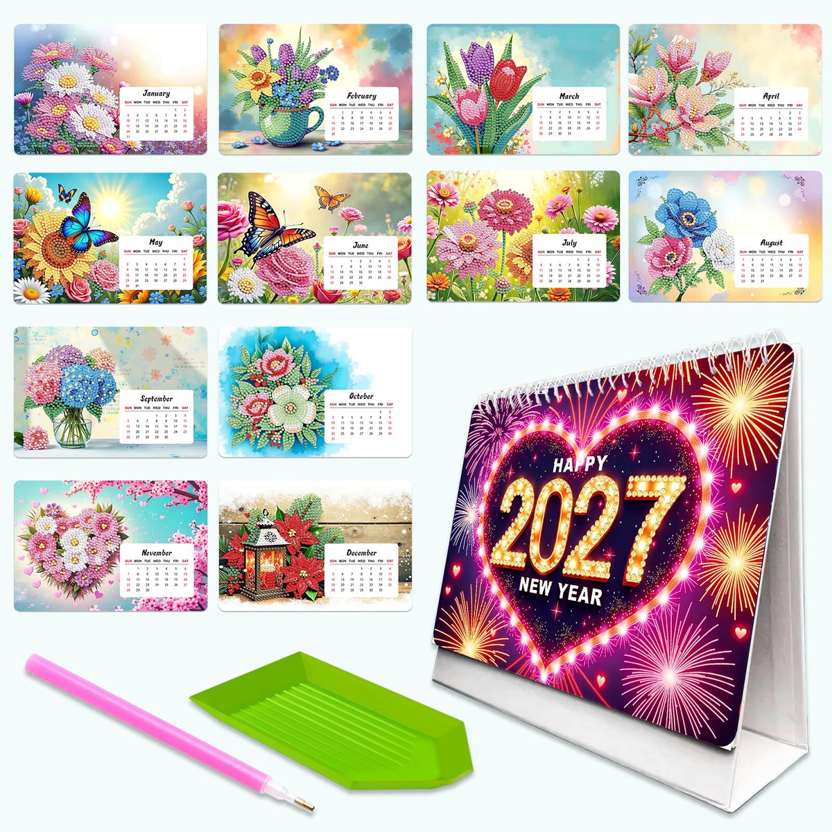 Kalender 2027 - Vlinders en bloemen - 008 - compleet pakket - Diamond painting by Wietske