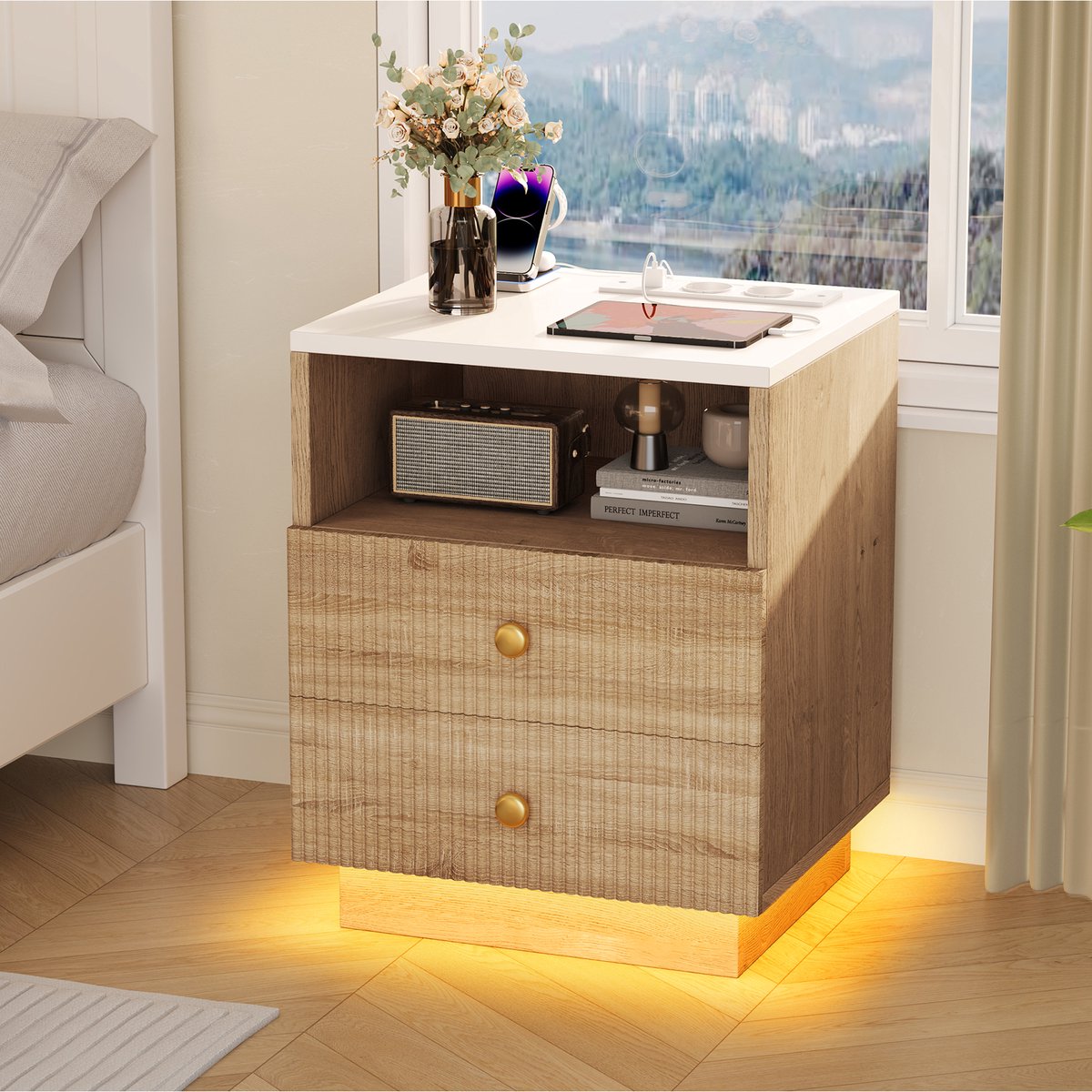 Nachtkastje 2pcs, LED-Verlichting, Natuurlijke Houtkleur, 2 Lades/Open Opbergvakken, Modern Nachtkastje, Geïntegreerde Opberg-, Decoratie en Oplaadfuncties