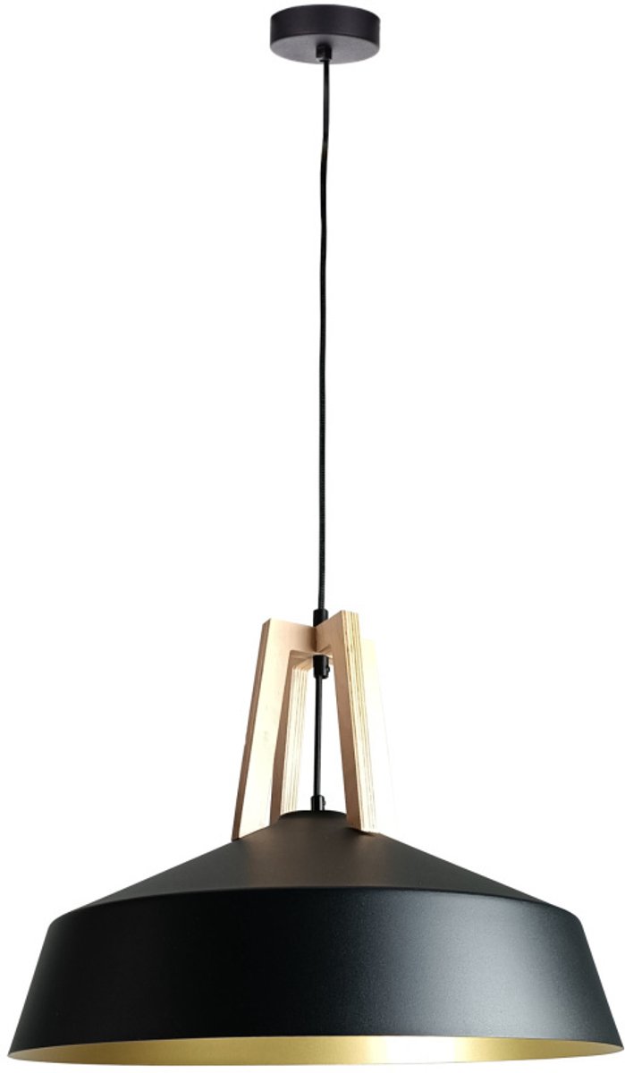 KETER LIGHTING Trex Black/Gold Hanglamp 1xE27 – Zwart Metaal, Hout & Gouden Binnenzijde