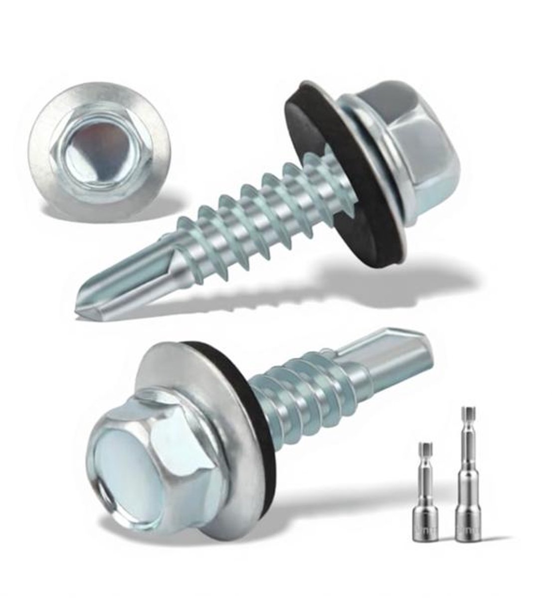 ElleMooi 120 stuks trapeziumplaatschroeven zelftappend 4,8x19 mm met afdichtring + 2 zeskant bitsleutels M8, verzinkte metalen dakschroeven