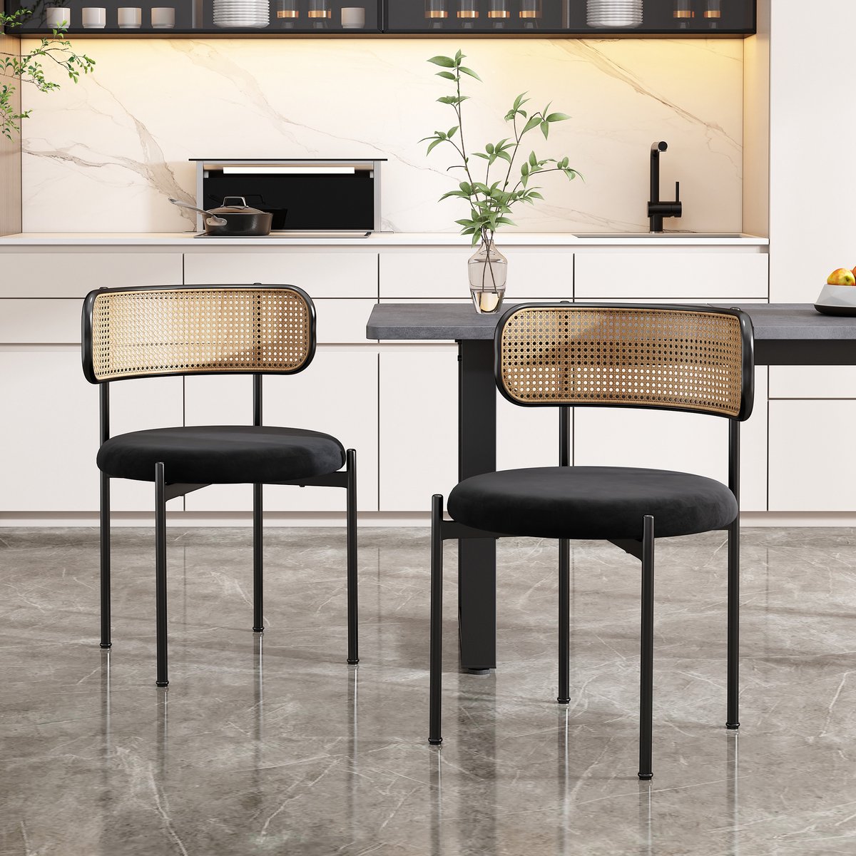 Wishdor Eetkamerstoel Set Van 2 - Fluwelen Bekleding - Rattan Rugleuning - Gebogen Rug - Metalen Poten - Zwart