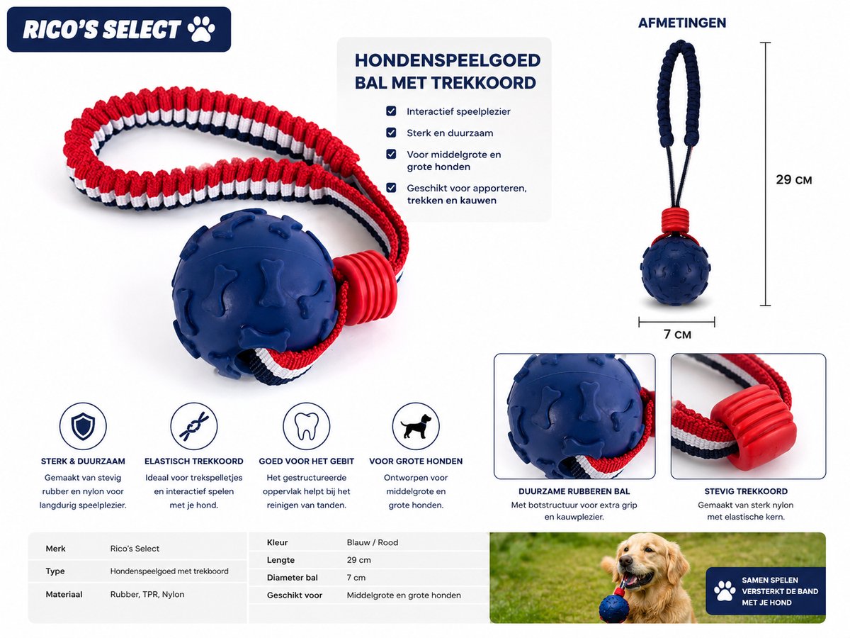 Rico’s Select Hondenspeelgoed Bal met Trekkoord – Interactief Kauw- en Trekspeelgoed voor Honden – 29 cm