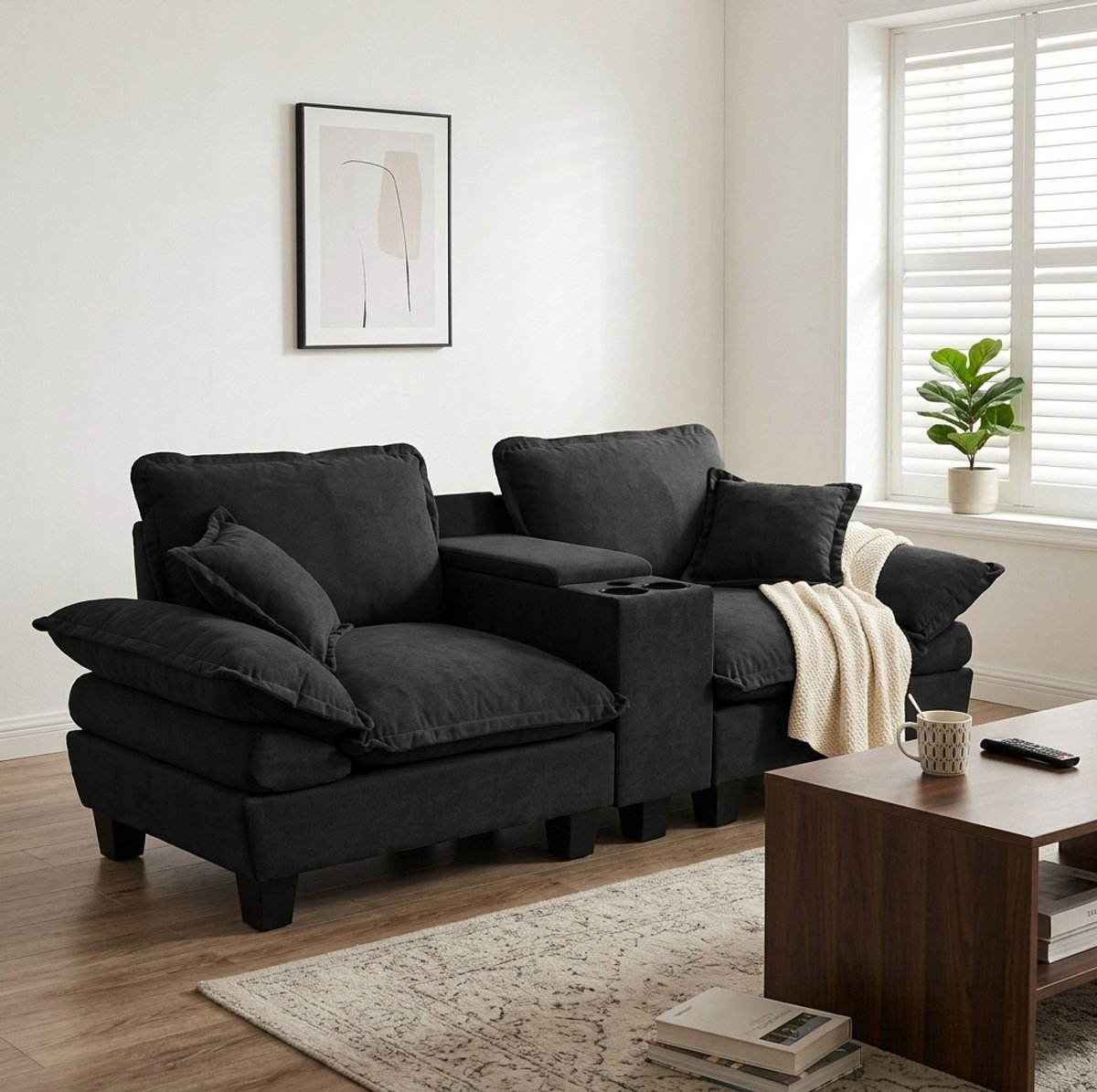 FloraGrace Zitbank 224 Cm - Modulaire 2-Zits Bank Met USB Oplaadpoorten, Bekerhouders En Opbergruimte - Voor Woonkamer Of Appartement - Chenille - Zwart