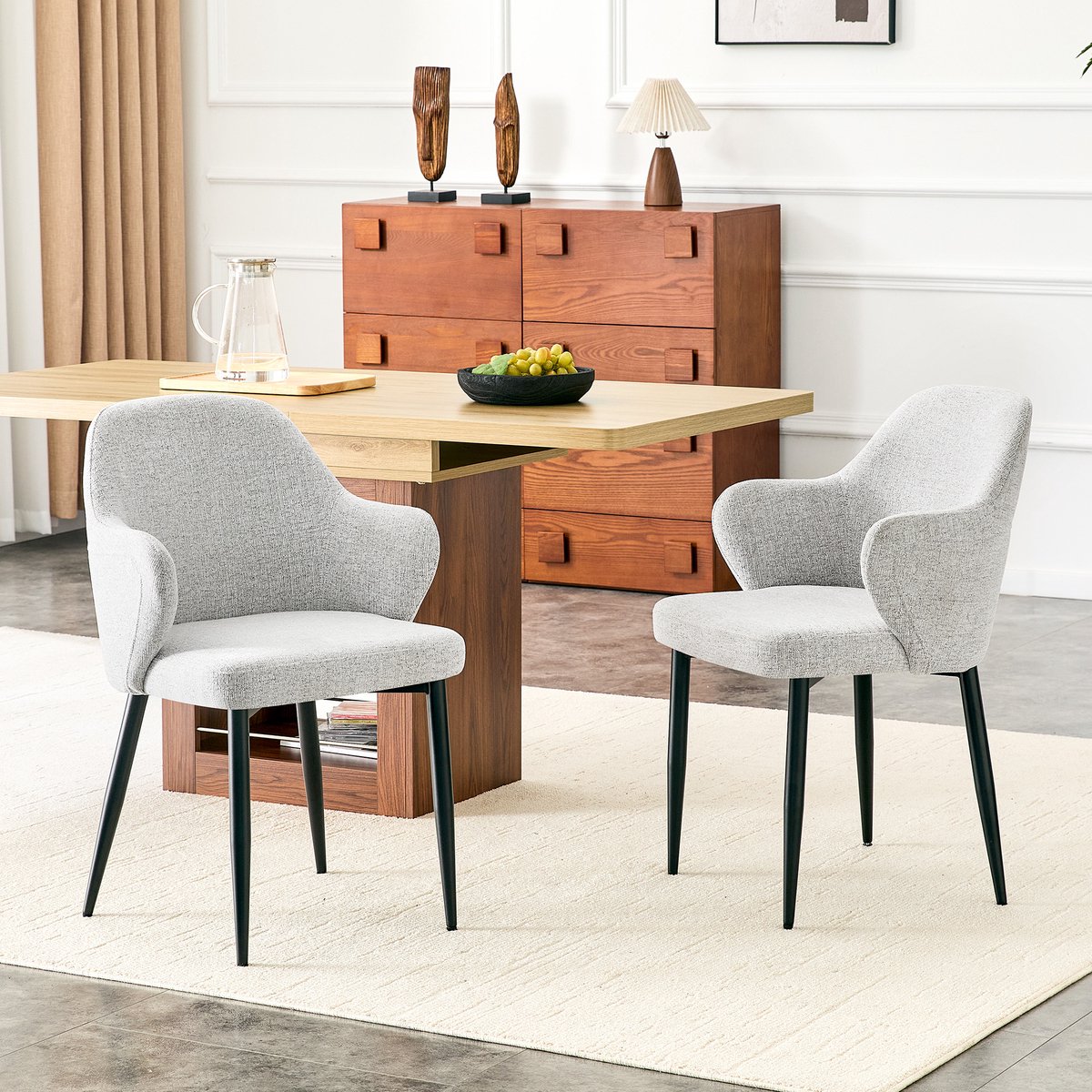 Wishdor Eetkamerstoelen Set Van 2 - Omhullende Rugleuning - Lichtgrijze Stoffen Zitting -