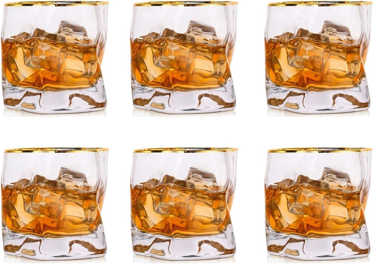 Set van 6 Onregelmatige Whiskyglazen voor Mannen - Perfect Whisky Cadeaupakket voor Vaderdag, Verjaardag en Pensioen