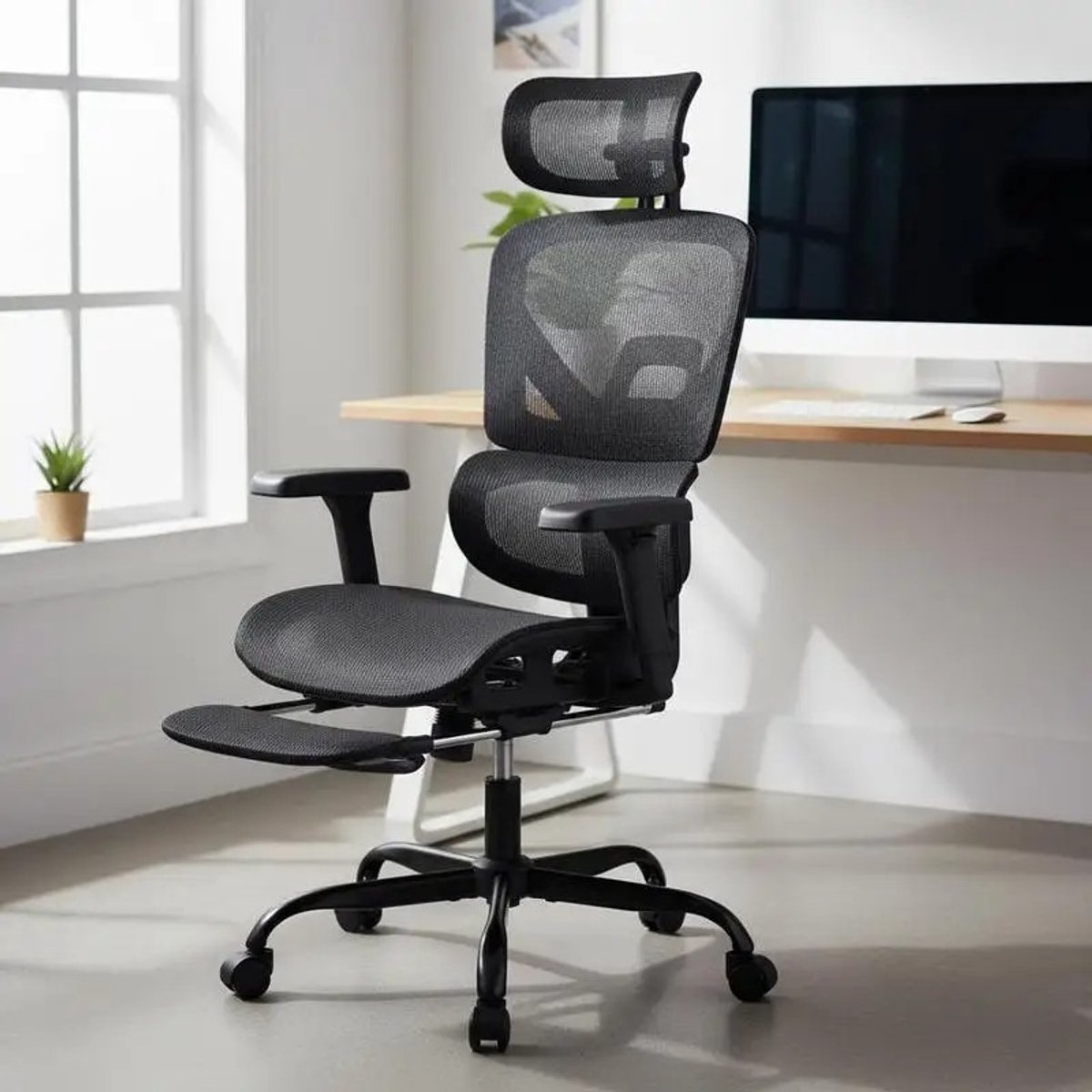 Dailygoods Ergonomische bureaustoel van mesh met voetsteun, draaibaar en met wielen, dynamische lendensteun, 3D-armleuni