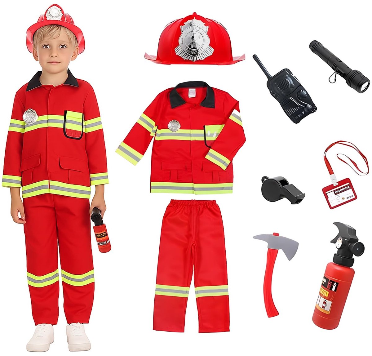 Dailygoods- Brandweerkostuum Kind - 8-delige Accessoires - Verkleedkostuum - Carnavalskostuum - Cosplay - Geschikt voor 2-14 jaar