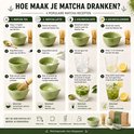 Recepten voor matcha: matcha thee, matcha latte, iced matcha latte en iced matcha lemonade.