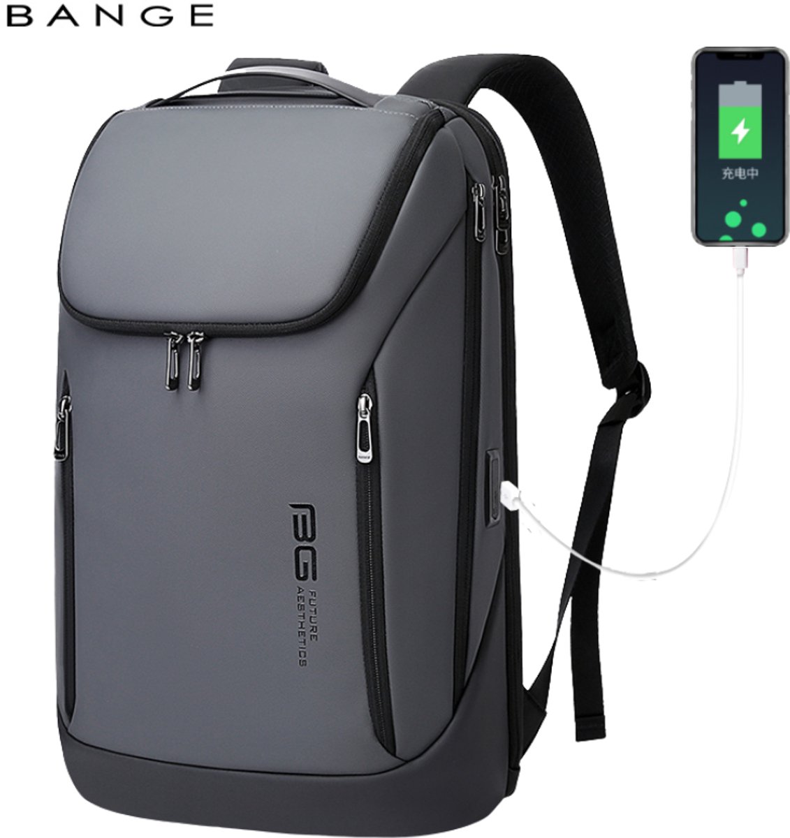 CarryQuest® - BANGE Laptop Rugzak 15.6 inch - Zakelijke Business Backpack met USB Oplaadpoort - Waterafstotende Rugtas met Laptopvak, Anti-Diefstal Vak, Trolleyband & Organizer - Grijs
