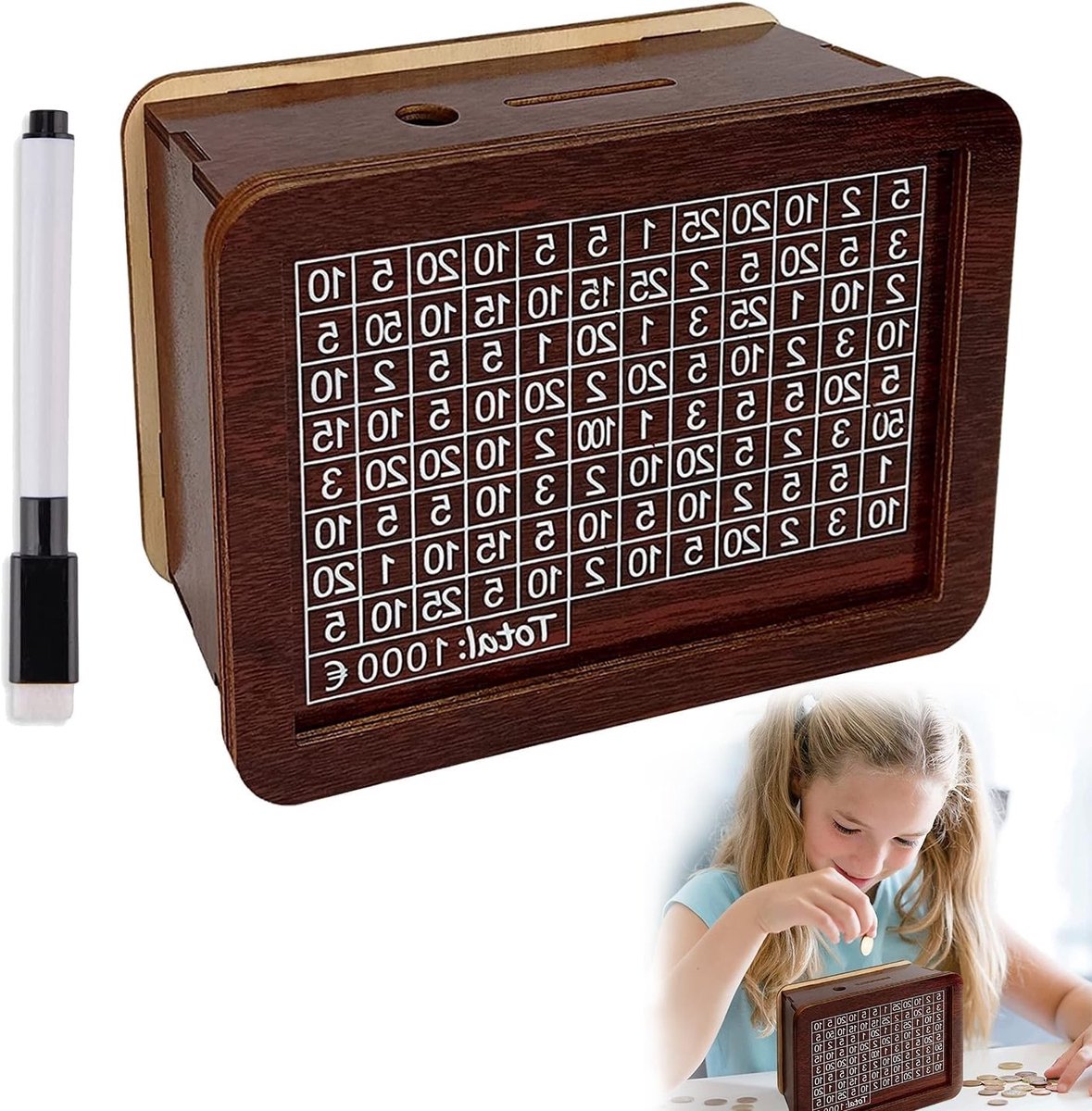 Persoonlijke Spaarpot met Teller, Vintage Houten Spaarpot, Herbruikbare Spaarpot voor Kinderen en Volwassenen, Creatieve Spaaroplossing 17 x 12.5 x 7 cm, Perfect Cadeau voor Elke Gelegenheid