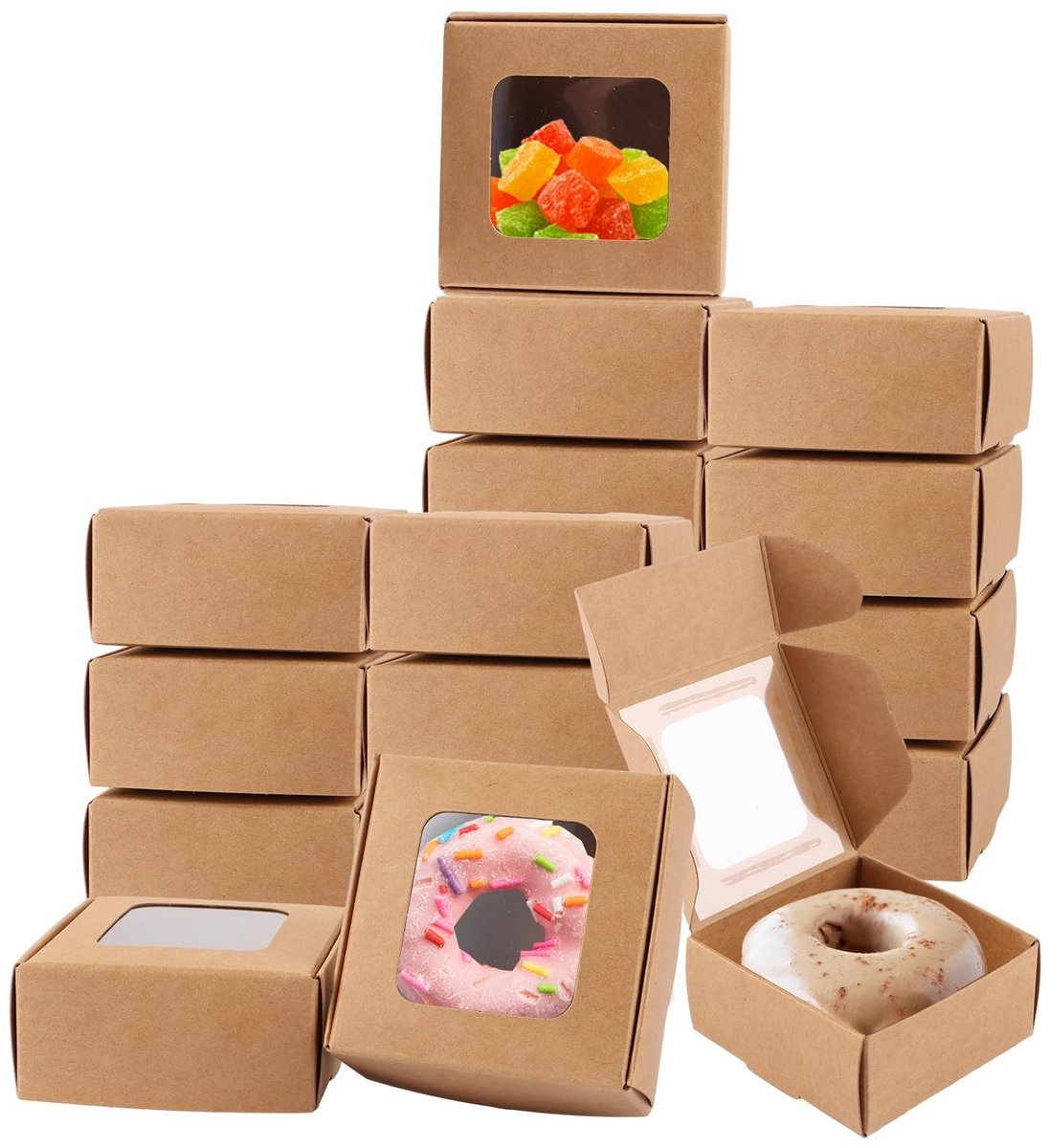 Dailygoods- Luciferdozen 50 Stuks - Kraftpapier met Kijkvenster - Voedselveilig - Geschenkdoos voor Cupcakes/Donuts - Uniek Raamdesign - Sterk en Duurzaam - Gebakdozen