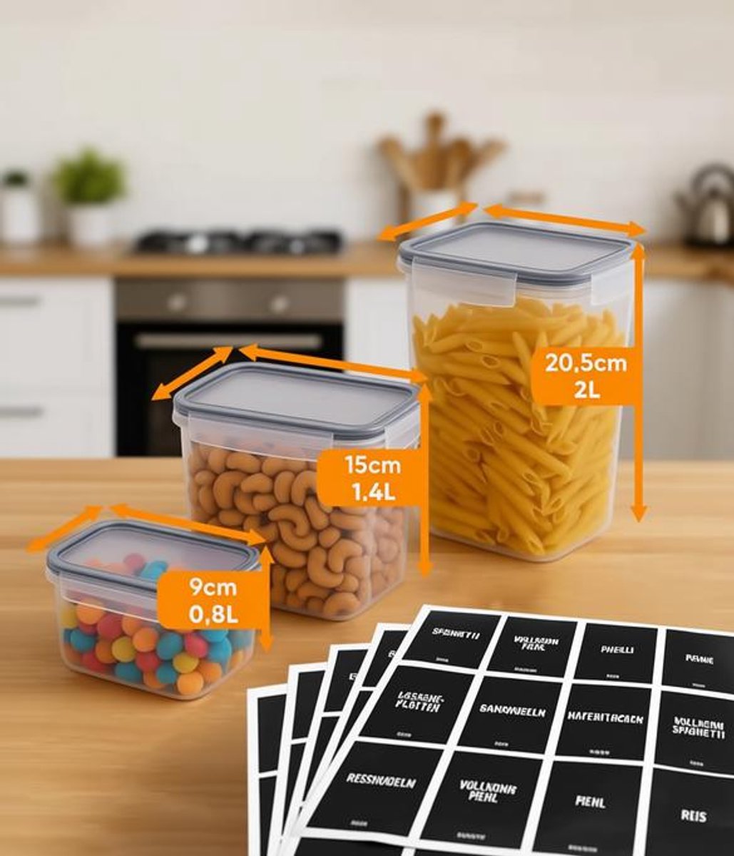 ElleMooi Voorraaddozen met Deksel Luchtdicht, Set van 16 - Opbergdozen Keuken voor Pasta, Muesli, Meel - Stapelbare Bewaardozen met Etiketten
