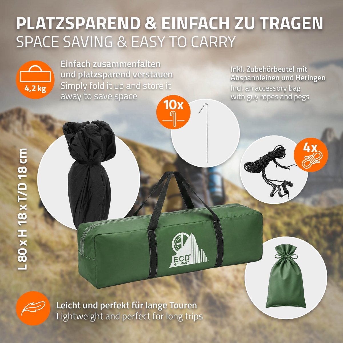 Pop-up tent voor 4 personen, kampeertent outdoor groen, dubbelwandige koepeltent met 2 deuren, waterdicht & winddicht met draagtas – foto 4