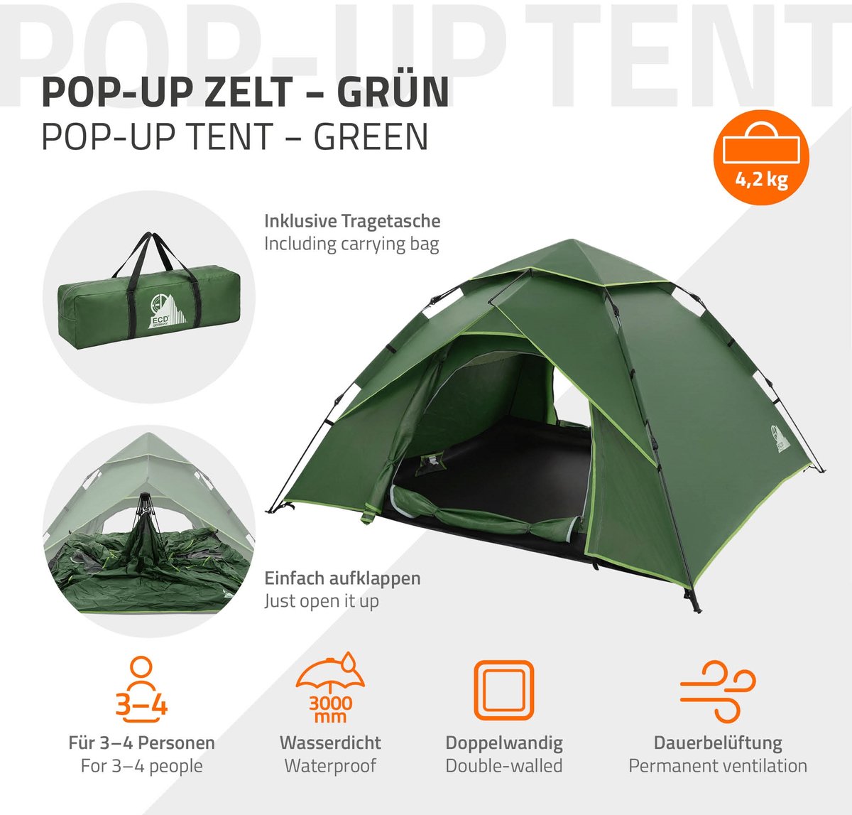 Pop-up tent voor 4 personen, kampeertent outdoor groen, dubbelwandige koepeltent met 2 deuren, waterdicht & winddicht met draagtas – foto 7