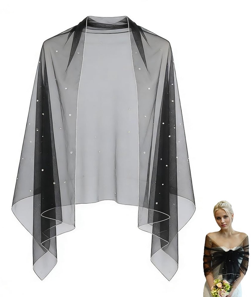 JHUBERS- Bruids Sjaal Parel - Transparante Tule Sjaal - Korte Wrap - Bruiloft Cape - Elegant Ontwerp - Lichtgewicht en Zacht - Trouwsjaal