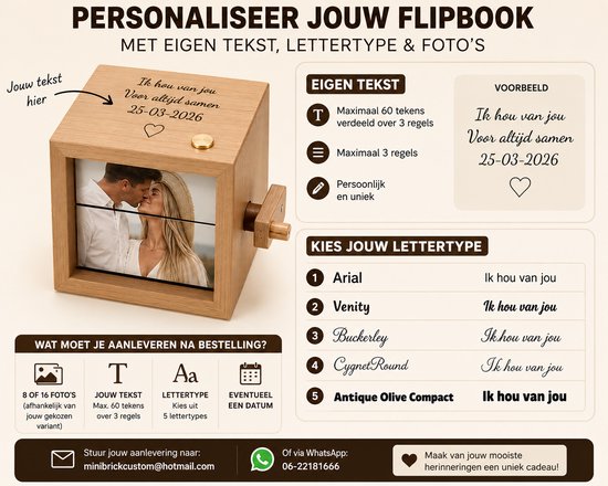 Houten flipbook met personalisatie-opties: eigen tekst, lettertype, foto's en voorbeeldtekst "Ik hou van jou Voor altijd samen 25-03-2026".