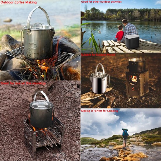 1 stuk - Camping waterkoker - draagbare koffiepot - buitenpot voor kamperen - met handvatten en deksels voor kamperen - wandelen - picknicken en backpacken(1,2 liter,zilverkleurig) — afbeelding 4