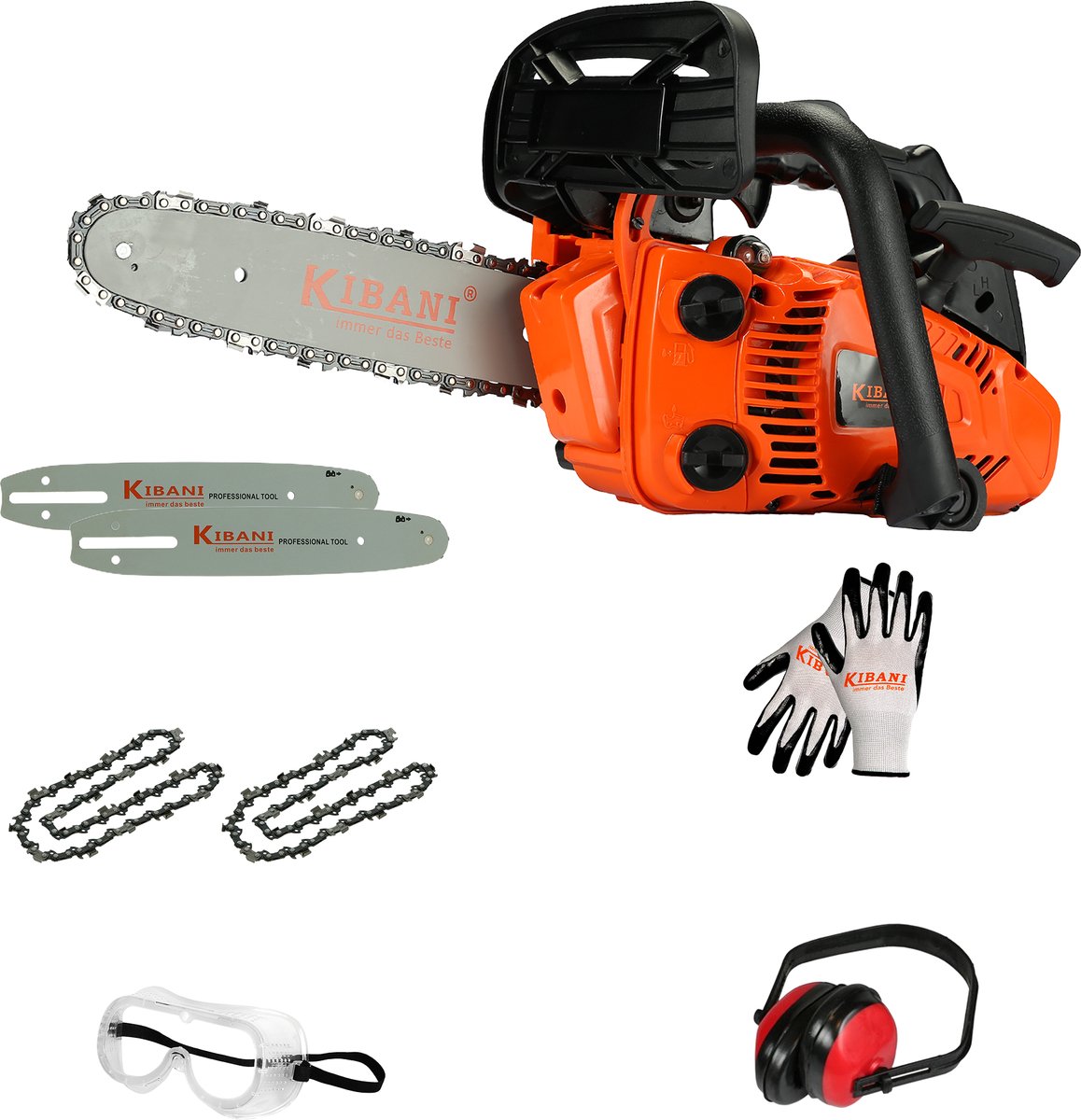 Kibani Kettingzaag Benzine - Incl. 2 kettingen, 2 zaagbladen, veiligheidsbril, gehoorbeschermer en handschoenen - 25.4 cc / 1 pk 2-takt Motor - Zwaardlengte 25 cm / 10 inch – Easy-Startsysteem - Snoeizaag - Accessoires Pakket