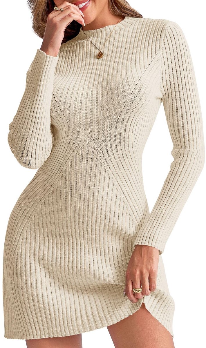 Dailygoods- Damesjurk Elegante A-lijn - Trui-jurk met Lange Mouwen - Bodycon Mini-jurk - Geribbelde Vrijetijdsjurk - Ademend en Rekbaar Materiaal