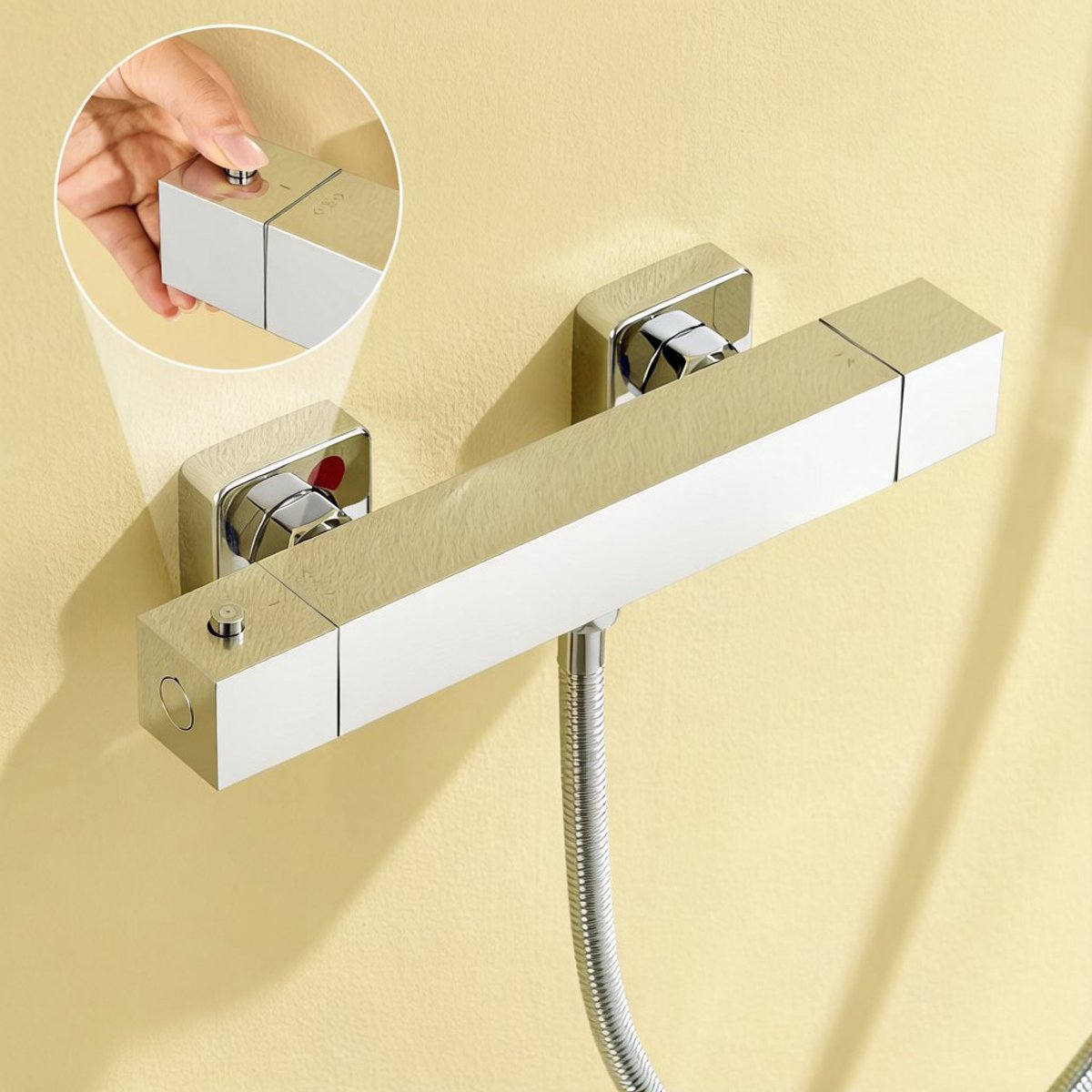 Auralum Max Thermostatische Douchekraan - Vierkante Douchemengkraan - met 38°C Veiligheidsknop - 15 cm Hartafstand - Inclusief koppelingen - Chroom