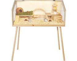 Grote houten hamsterkooi met poten - Hoogwaardige hamsterkooi en gerbilverblijf van helder acryl - Knaagbestendige kooi voor kleine dieren met een afneembaar deksel en ventilatie - 100 x 80 x 40 cm - houtkleur