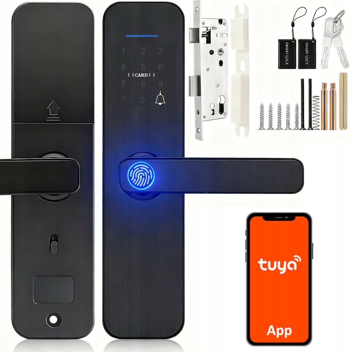 TUYA-Smart Wi-Fi Vingerafdrukslot – Tuya Slim Deurslot met 5 Openingsmanieren: Vingerafdruk, Code, Kaart, Sleutel & App – Elektronisch Insteekslot voor Appartement & Woning – Zwart