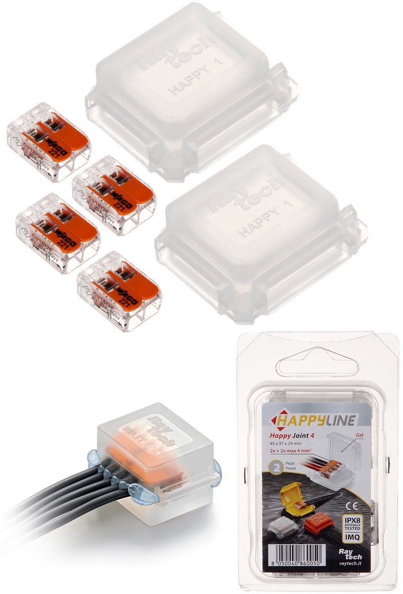 Raytech Gel Box HappyLine Happy Joint 4 - 45x37x24mm IP68 / IPX8 (max 4x4mm2) / Gel Gevulde Lasdoos / Waterdichte Lasdoos / Waterdichte Kabelverbinder / Professioneel / 2 Stuks Incl. 4x Wago Lasklem 221-412
