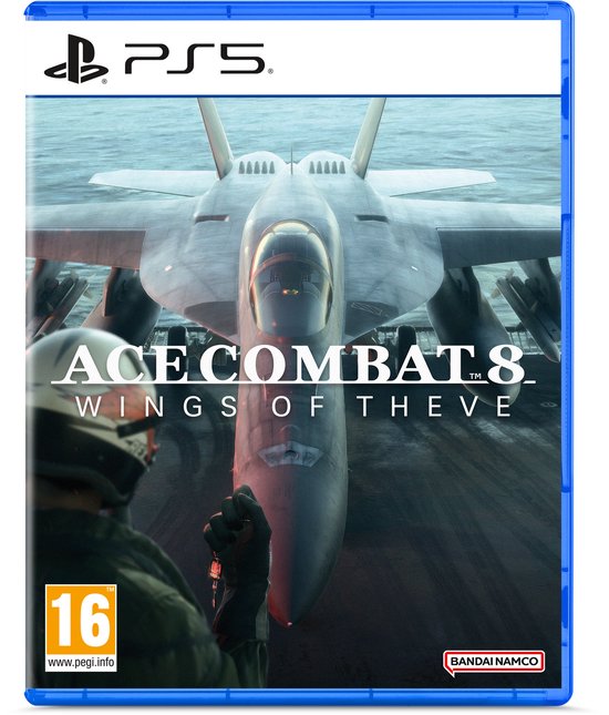 PlayStation 5-hoes voor Ace Combat 8: Wings of Theve, met een gevechtsvliegtuig op een vliegdekschip.
